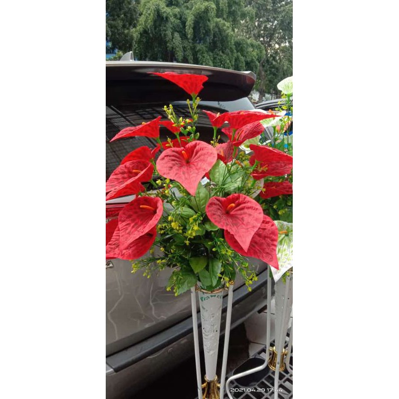 COD,Bunga artifisial  sudut Aron pandan +pot standing Besi.bunga pojok-Merah cabe