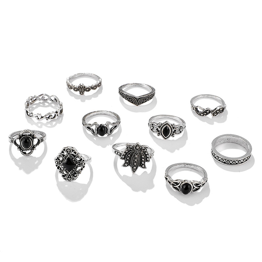 Hu Hu Hu Hu Hu Alat Bantu Pasang Kacamata♡ 11pcs Cincin Jari Wanita Desain Ukiran Lotus Tetesan Air Hollow Hias Batu Permata Imitasi