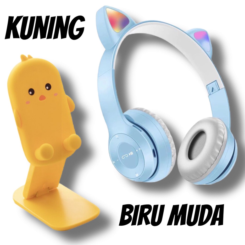 Silvertech Paket Belajar Online Headphone Bluetooth dan Holder Meja Imut Headphone Kucing dan Holder Meja Karakter