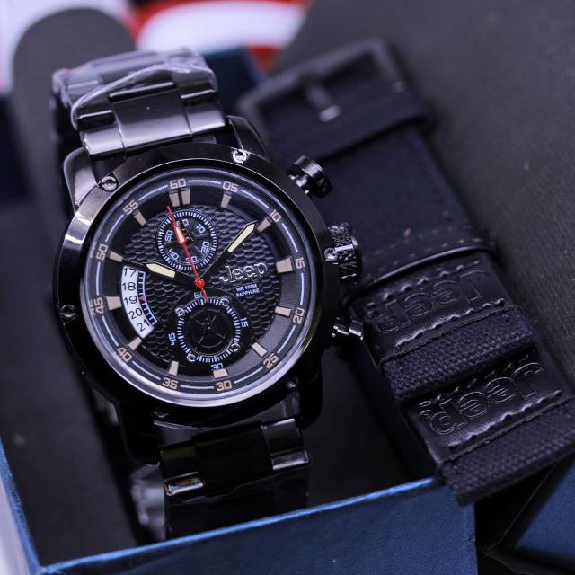New Jam Tangan Pria Jeep Tanggal Crono On Stainlees Steel Free Tali Canvas