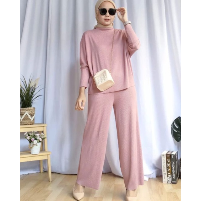 SET CELANA ELIVIA KNIT, RIB KNIT, GAMIS HIJAB MUSLIM, SETELAN