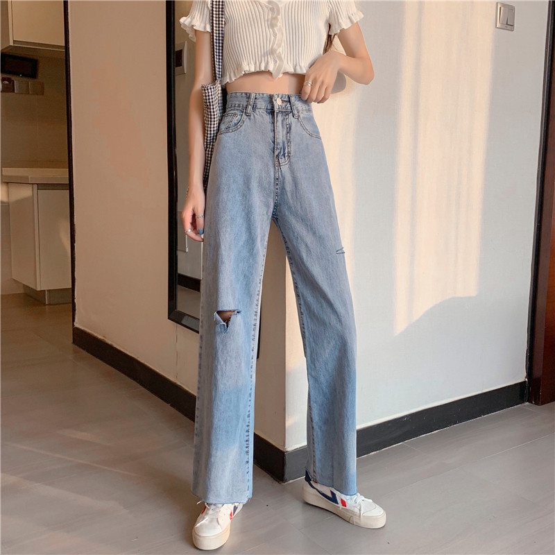 ✅COD Celana Jeans Wanita Ripped Jeans Sobek Korean Highwaist Straight Jeans Kekinian