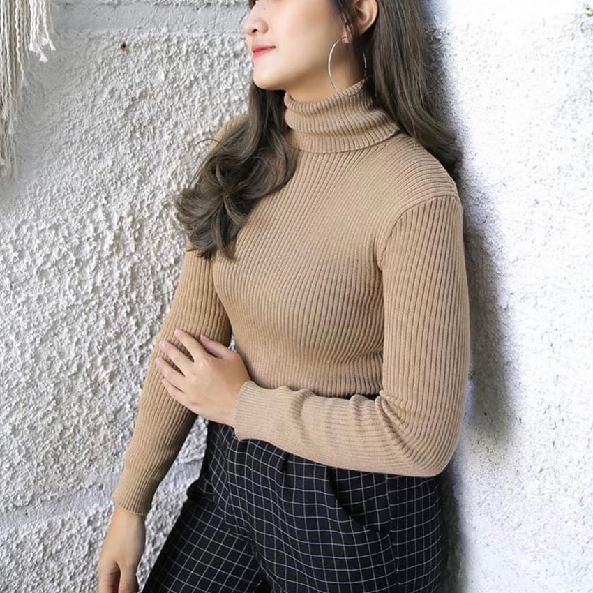 TURTLENECK PRIA WANITA LEHER TINGGI LENGAN PANJANG RIB POLOS PREMIUM