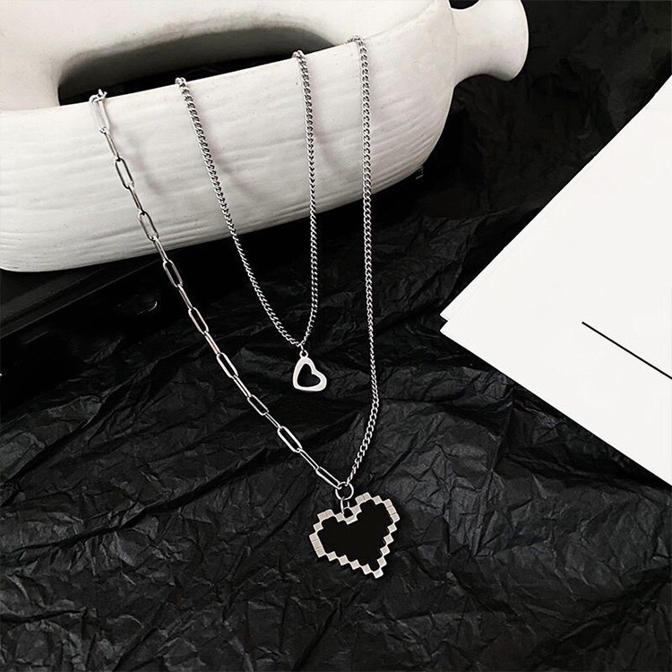 Retro hip hop double black cinta mosaik peach jantung kalung untuk wanita ins gaya dingin temperamen