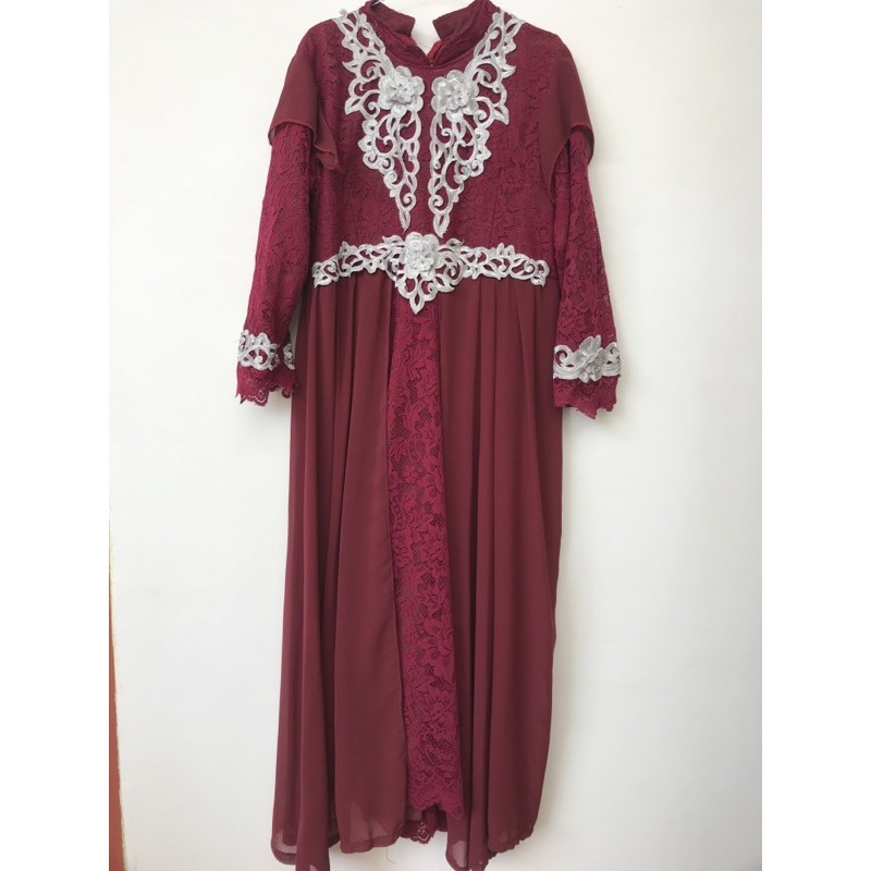Dress/Gaun/Gamis Brokat Mewah Baju kondangan size M to L Maroon Merah Ati Murah meriah