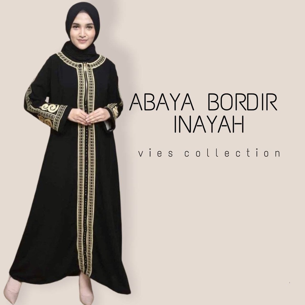 ABAYA GAMIS HITAM BORDIR GOLD BASIC INAYAH BUSUI JETBLACK SAUDI SYAR'I TURKEY