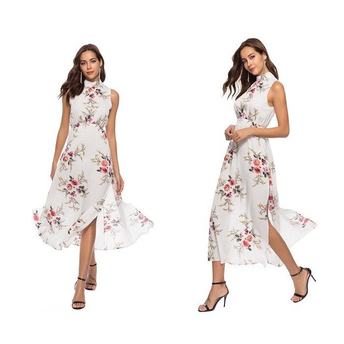 [baju wanita korea]  White Long Dress Maxi Pantai Bunga Putih Wanita Korea Import