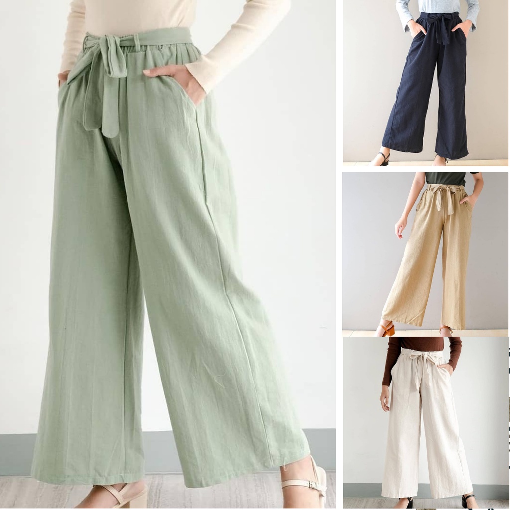 Celana Kulot Linen Ribbon Tali Karet Kasual Koean Style Premium / Celana Kulot Highwaist Jumbo Linen