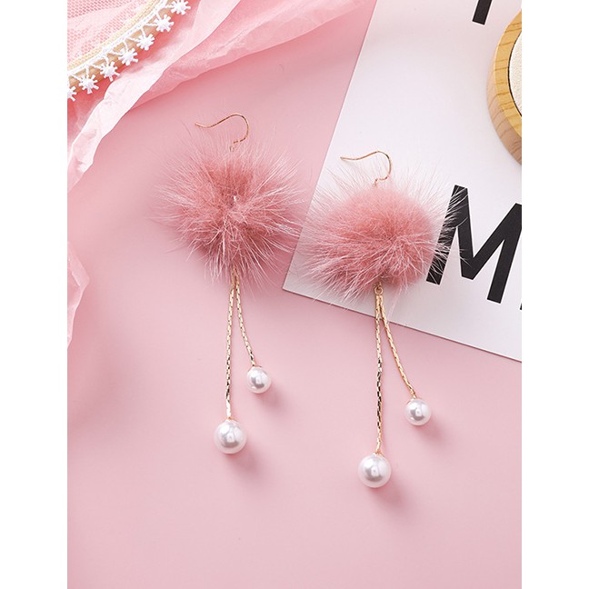 LRC Anting Gantung Fashion Pink Big And Small Pearl Tassel Hair Ball Earrings D59699