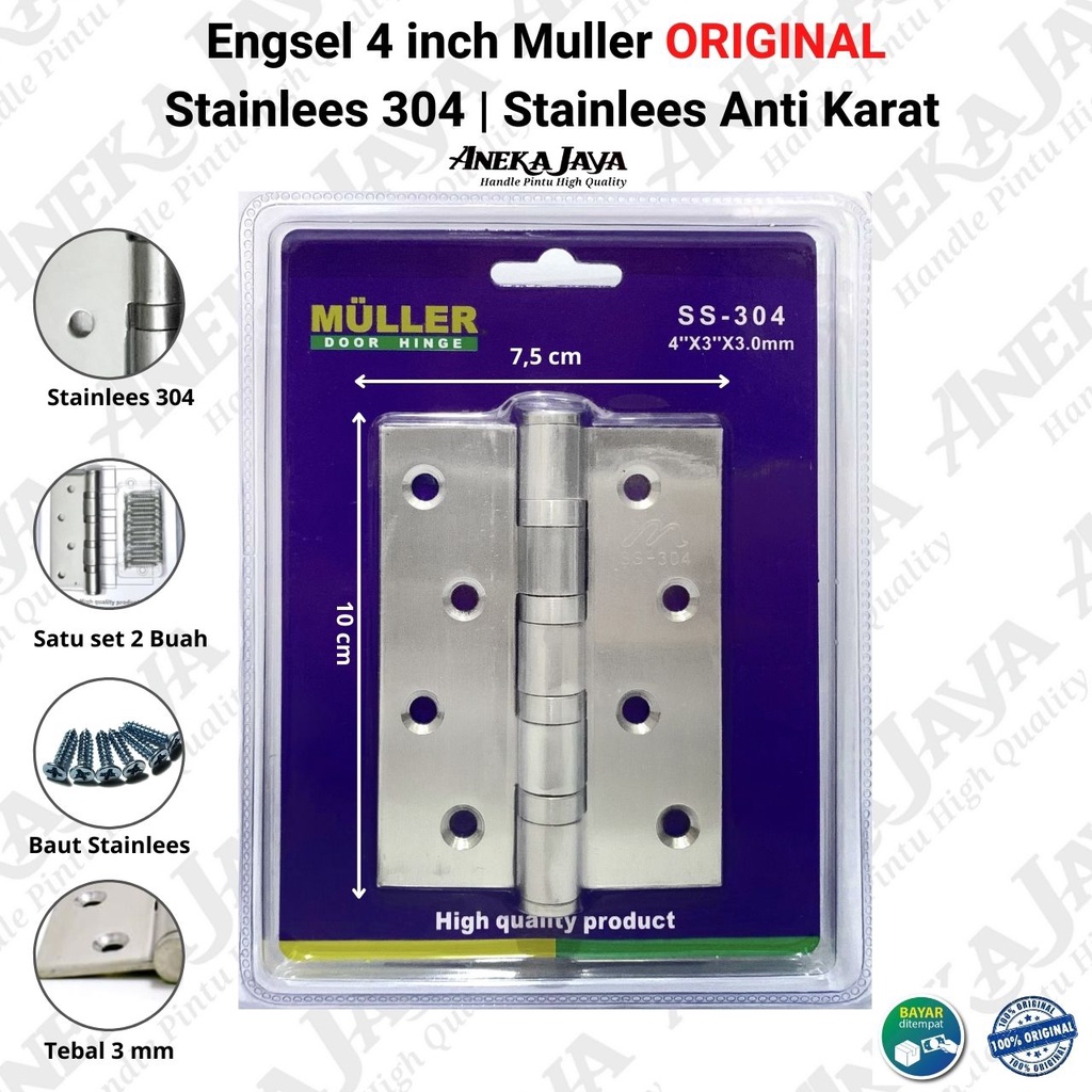 Engsel 3 inch , 4 inch , 5 inch Muller Stainlees 304 ORIGINAL /Engsel stainlees 304 tebal anti karat Awet / Engsel Pintu Jendela rumah