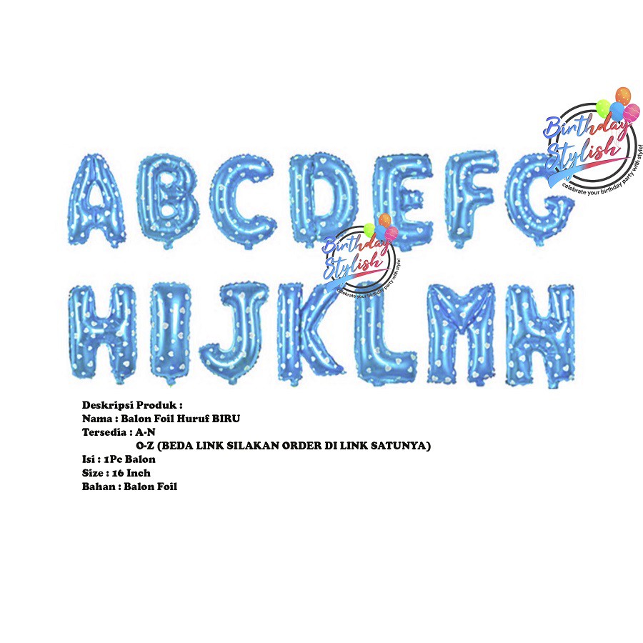 Balon Huruf Biru Foil A-N/ Balon Huruf Abjad Biru/ Balon Ulang Tahun