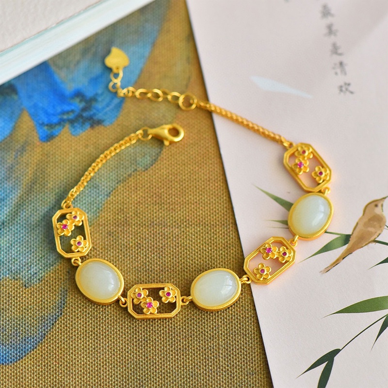 Gelang Giok Hetian Imitasi Model Hollow Gaya China Vintage Untuk Wanita