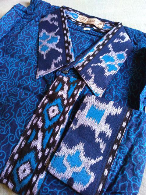 Kemeja Batik Pria Lengan Panjang Motif Mega Mendung Toraja Biru