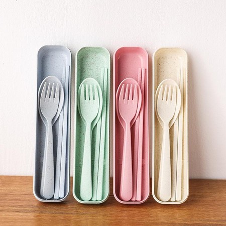 Set Alat Makan 3 in 1 Serat Gandum / Travel Wheat Cutlery Set 3 in 1 / Sendok Garpu Sumpit Set Jerami