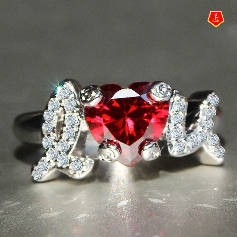 [Ready Stock]I Love U Heart-Shaped Red Rhinestone Ring 925 Silver Female