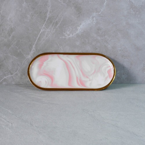 Brewsuniq Gold-Rimmed Oval Display Tray Pink L / Nampan Marmer Aesthetic Minimalis