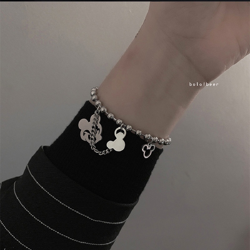 Baja Titanium Mickey liontin gelang ins kecil desain gaya Eropa dan Amerika macan tutul cetak double