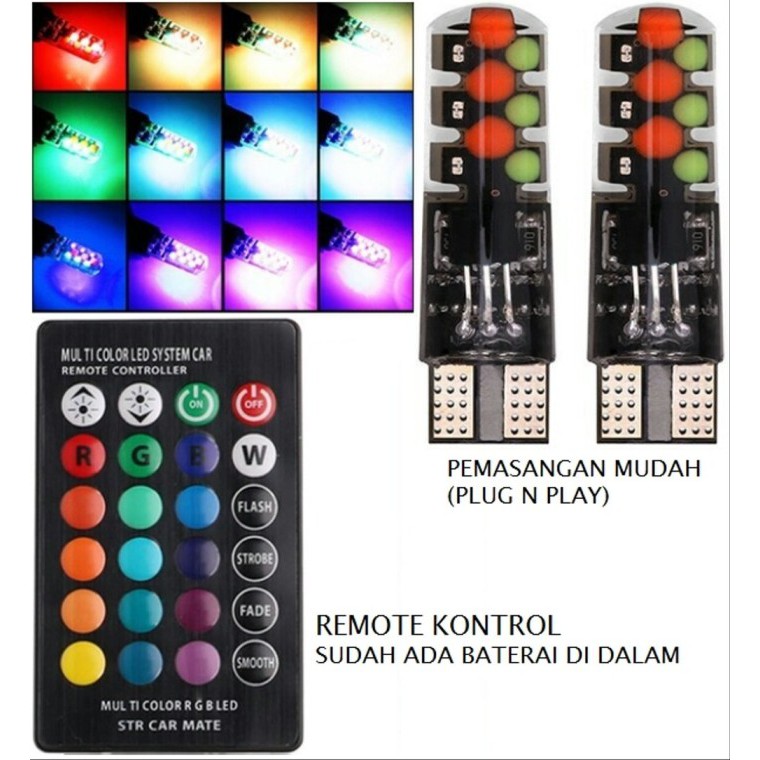 TERMURAH Lampu LED Mobil Motor T10 RGB Jelly ISI 2pcs Remote 12V Senja Sen Sein Kota Warna warni REMOT RAINBOW WARNA WARNI TAHAN LAMA WATERPROOF