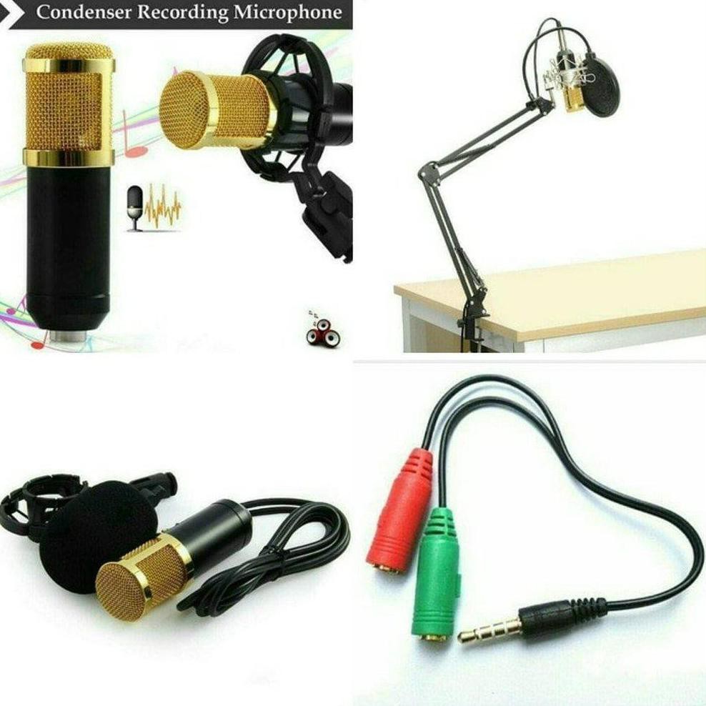 LJA PAKET KUMPLIT MIC CONDENSER BM 800 STAND SOUNDCARD SPLITTER HITAM