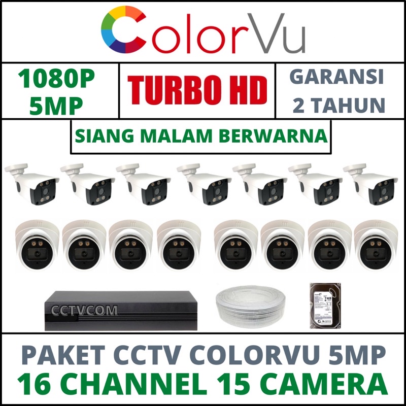 PAKET CCTV COLORVU - SIANG MALAM BERWARNA 16 CHANNEL 15 KAMERA 5MP IC SONY 1080P KOMPLIT