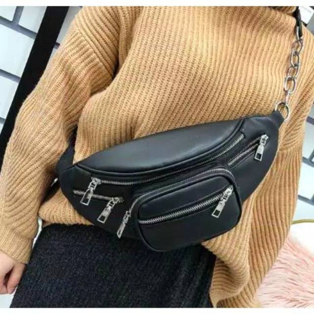 WAISTBAG HITAM RANTAI - TAS PINGGANG WANITA PRIA IMPORT TAS BATAM MURAH