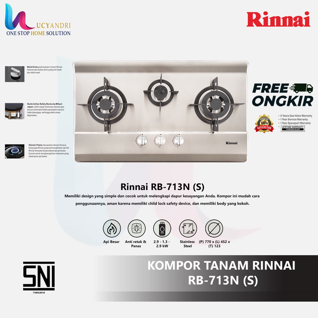 Kompor Gas Tanam 3 Tungku (Stainless) Rinnai RB-713N (S) / FREE ONGKIR