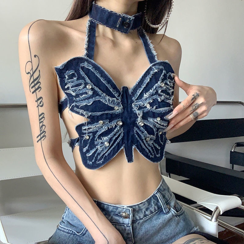 Suhao keinginan murni desain rasa retro niche denim kupu-kupu halter kamisol wanita chic licik seksi hot girl top