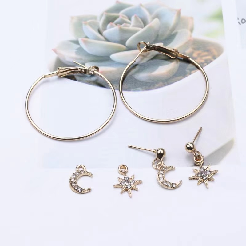 Set Anting Hoop Retro Wanita Motif Bulan Dan Bintang Gaya Korea Fashion Earrings Import