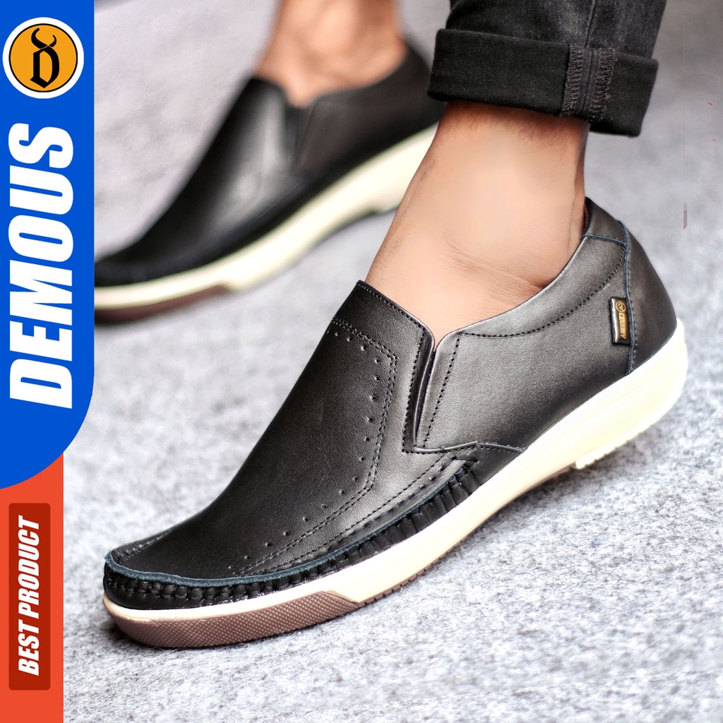 Sepatu Slip On Pria Sepatu Casual Pria Formal Kulit Asli Sepatu Pantofel Kerja Kantor Kuliah Kondangan Sepatu Slop Pria Sepatu Hitam Pria DEMOUS SANDRO