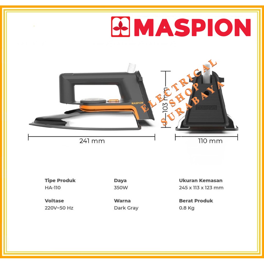 MASPION SETRIKA HA-110 350W GOSOKAN BAJU LISTRIK IRON HA 110 HA110 350WATT 350 W WATT ORIGINAL