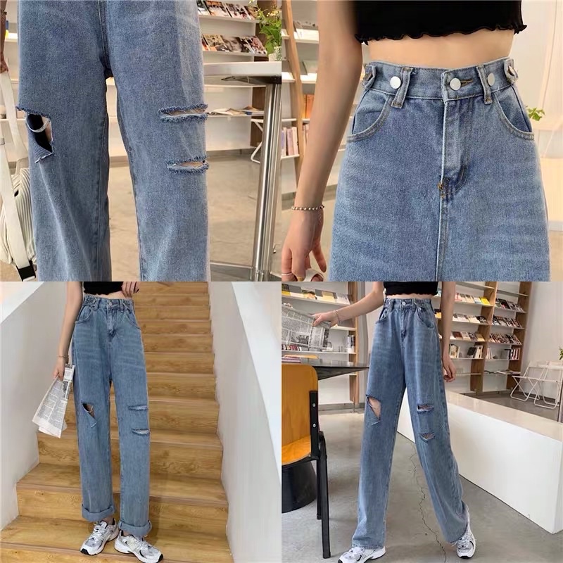 RIPPED JEANS IMPORT HIGHWAIST CELANA PANTS DENIM HW WANITA CEWEK BAGGY UNFINISH MX863