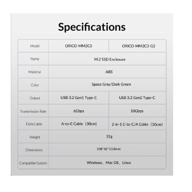 Ssd m2 enclosure orico Nvme usb3.1 type-c 10Gbps up 4tb 2280 mm2c3-g2 - casing m.2 m-key nvmexternal mm2-c3 g2