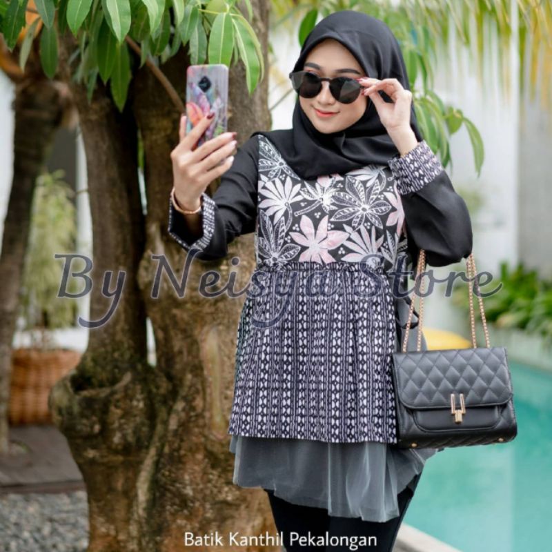 tey-17 Batik wanita ASJ SA HRB026 Kenongo Kemeja Tosca Pendek-Salsabila Hitam