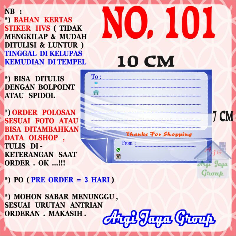 

Stiker HVS - Stiker Pengiriman - Sticker Alamat Olshop Murah Nomer 101-10x7cm