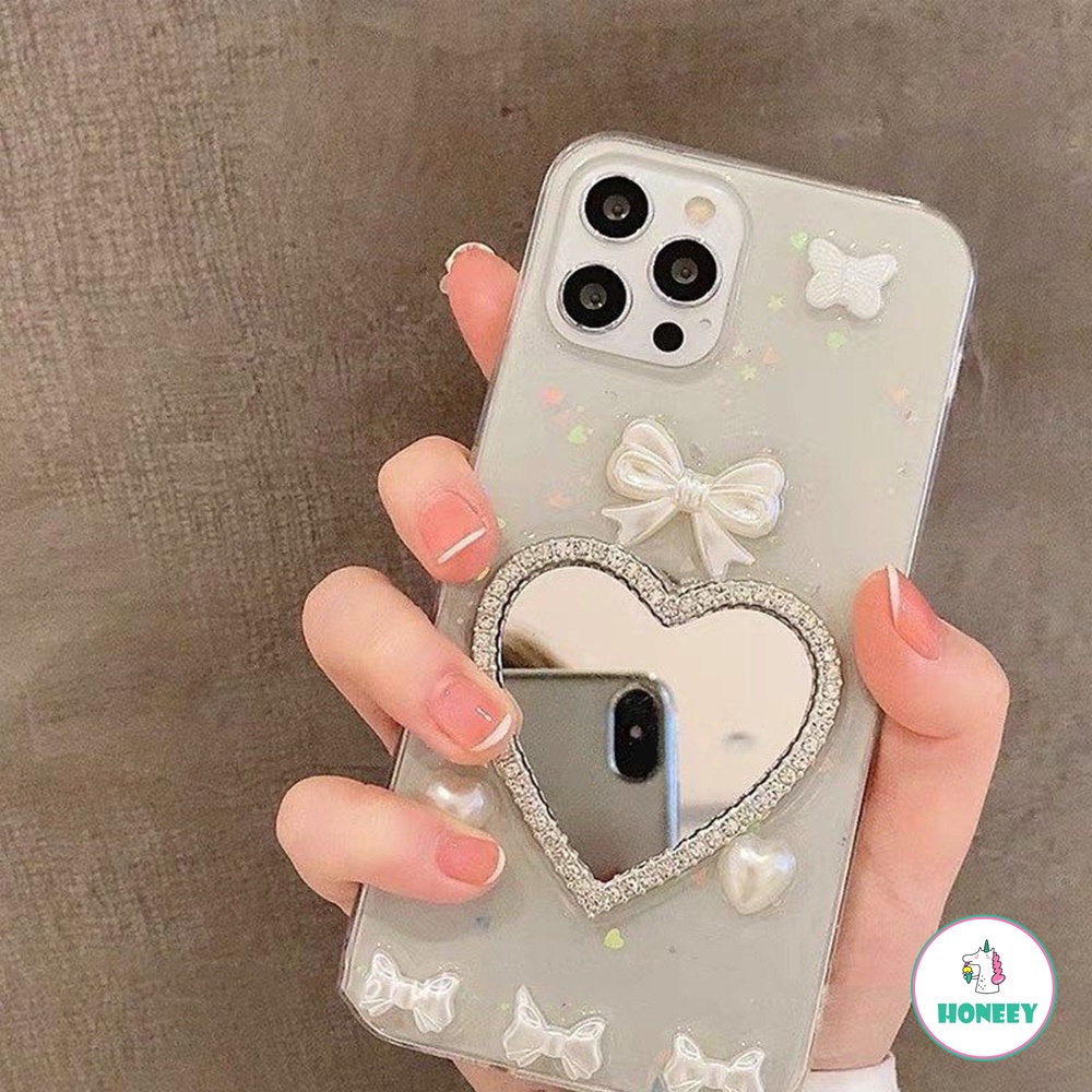 Luxury Bling Pearl White Butterfly Make Mirror Phone Case compatible for IPhone 14 13 12 11 Pro Max 7 Plus Anti-Fingerprint Matte Soft TPU Case