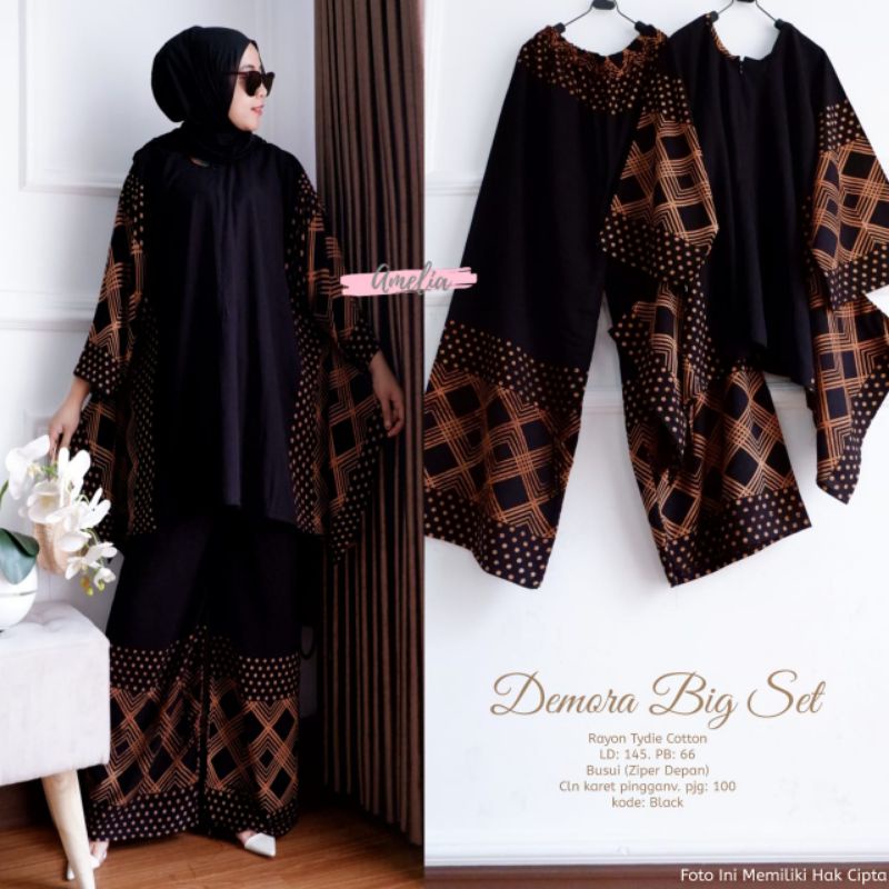 SETELAN WANITA DEMORA BIG SET BY AMELIA/RAYON TYDIE COTTON LD 145/BUSUI ZIPPER DEPAN/CELANA KARET PI
