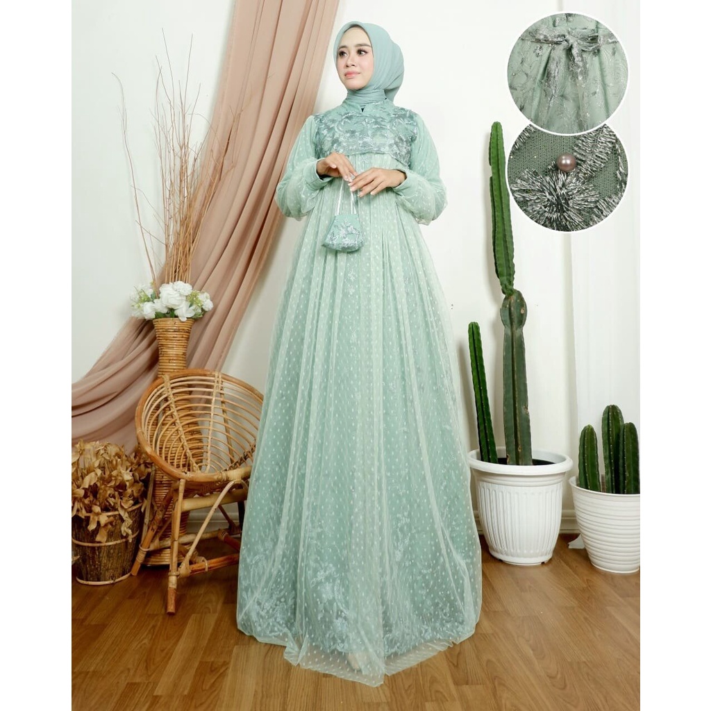 (COD) BARANG BARU GAMIS SALSABILLA TULE BORDIR MIX TILLE DOTY SLETING BELAKANG TANGAN BALON GAMISPES