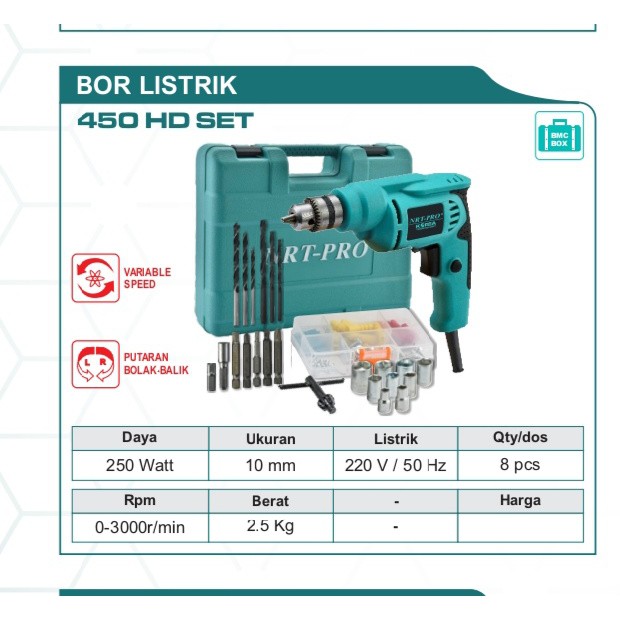 MESIN BOR TANGAN LISTRIK 10MM SET MATA BOR KOMPLIT NRT PRO 450 HD SET
