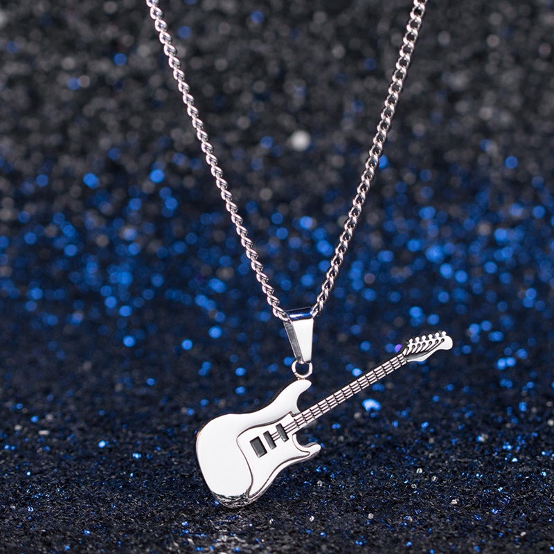 Kalung Rantai Liontin Gitar Musik Rock Warna Emas Hitam Silver Bahan Titanium Steel Untuk Pria Dan Wanita