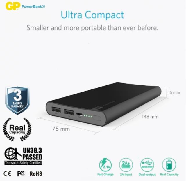 Powerbank 10000 mAh GP Original FP10M Fast Charging 2.1A Real Capacity Dual Slots Promo