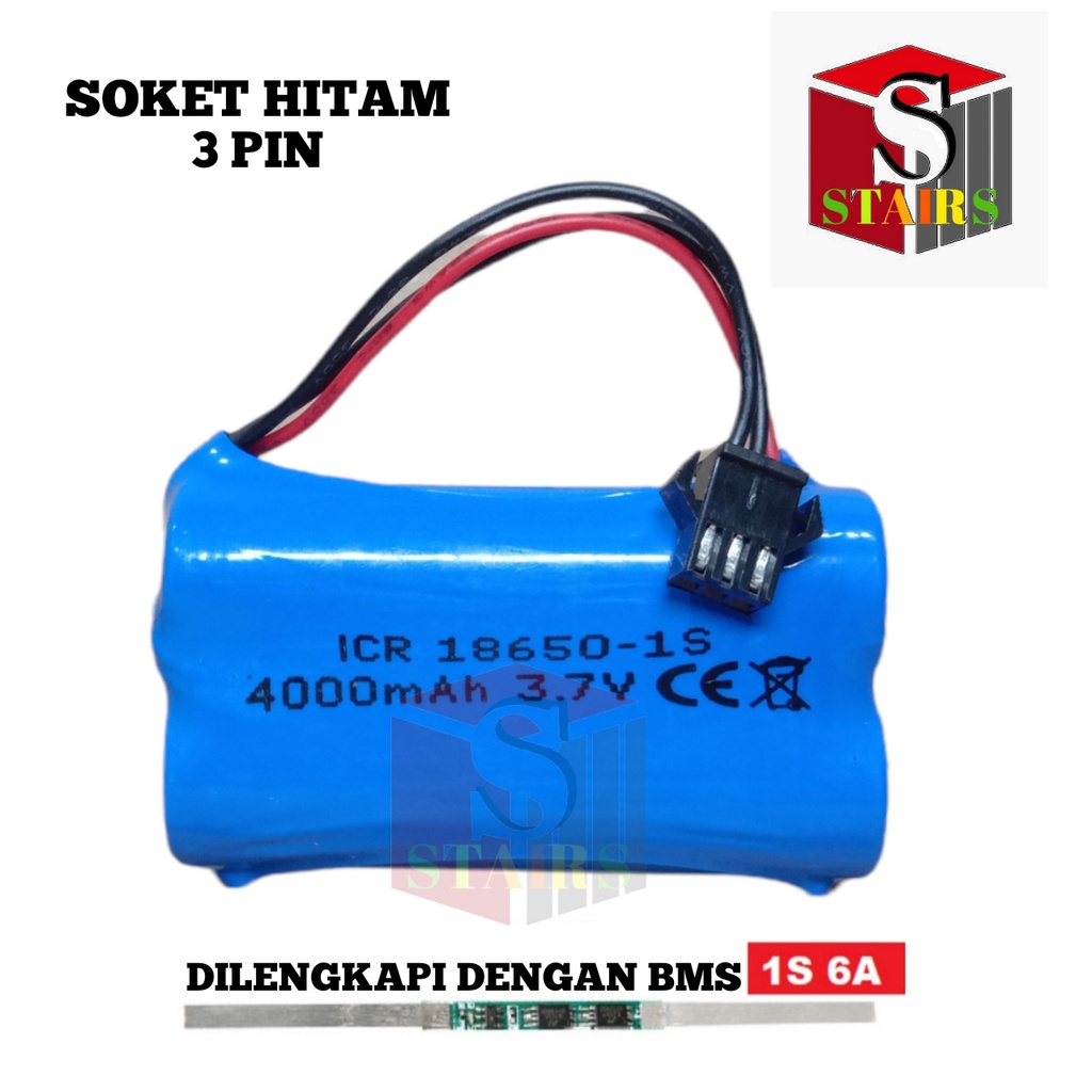 Baterai RC/ Speaker Aktif &amp; Elektronik Lainnya 2X 18650-1S 4000mAh 3.7V Protektor BMS 6A Soket Hitam 3 pin