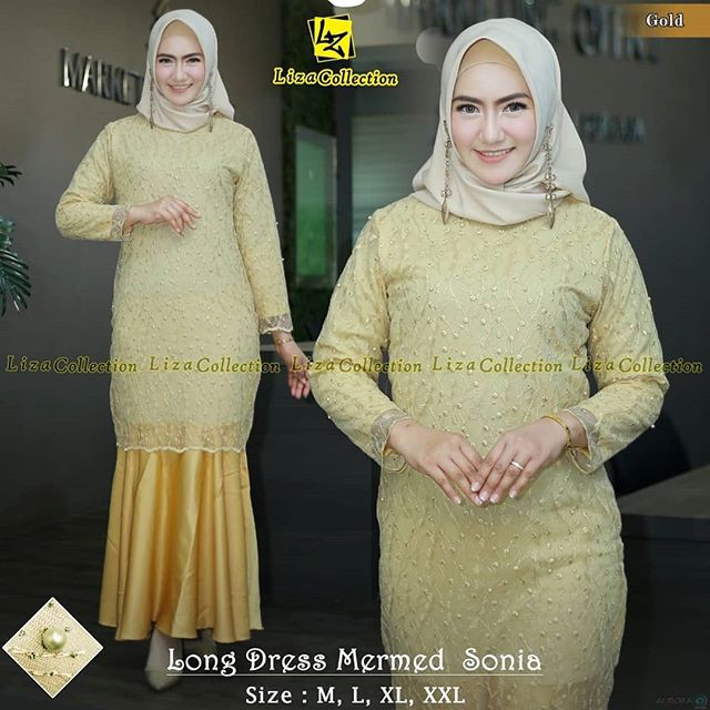 Setelan Gamis Long Dress Mermaid Sonia Warna Gold / Dress Modern