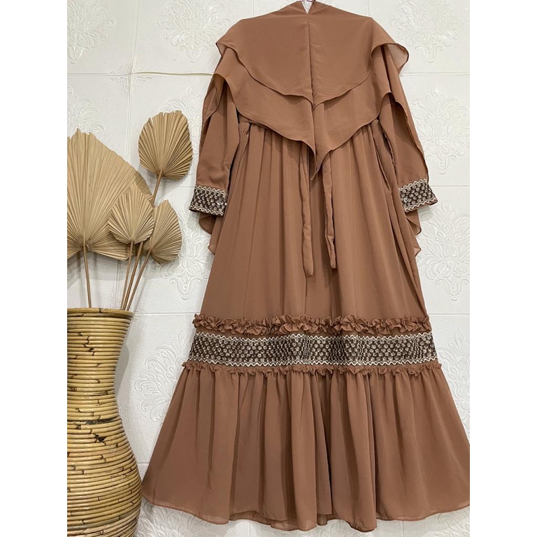 Gamis Syari Ceruty Mix Renda Depan dan Tangan | Gamis Syari Busui | Gamis Set Khimar Terbaru-Moka