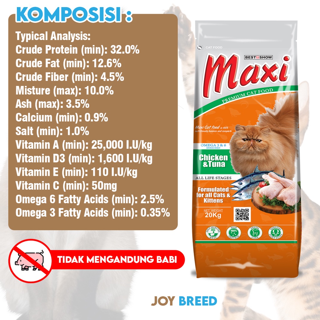 MAKANAN KUCING KERING MAXI CHICKEN &amp; TUNA KEMASAN 800 GRAM REPACK UNTUK KUCING SEGALA UMUR | JOY BREED OFFICIAL