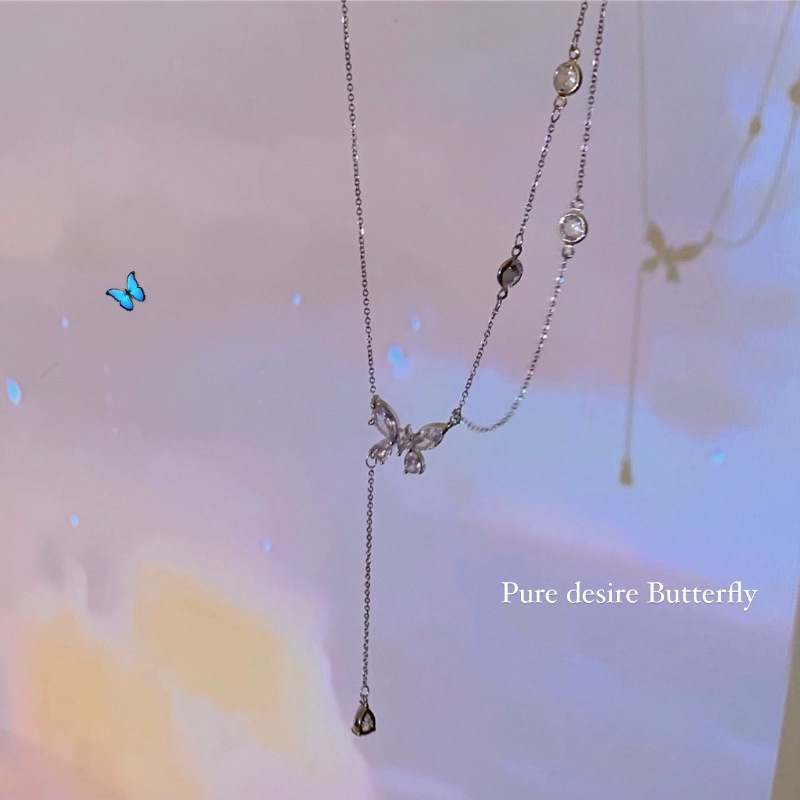 YEEZII Kalung Choker Rantai Rumbai Butterfly Aksen Kristal Warna Silver Untuk Wanita