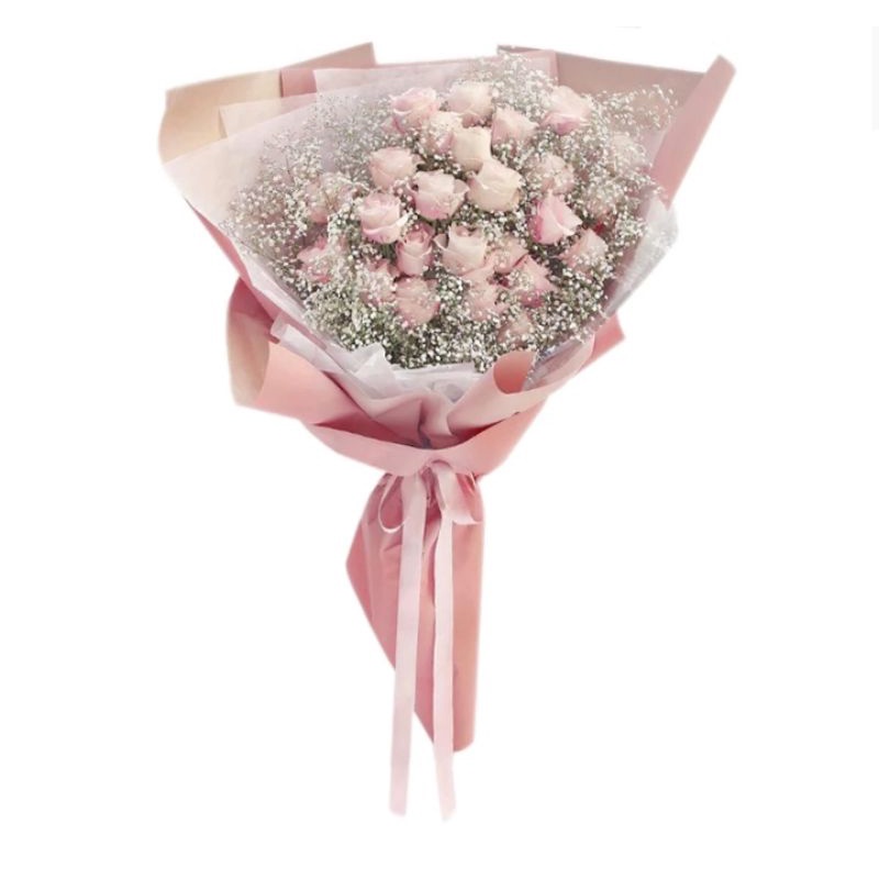 BEINS-BUCKET BUNGA MAWAR PINK+BABYBREATH / BUCKET BUNGA MAWAR ASLI CANTIK / BUCKET TUNANGAN / BUCKET