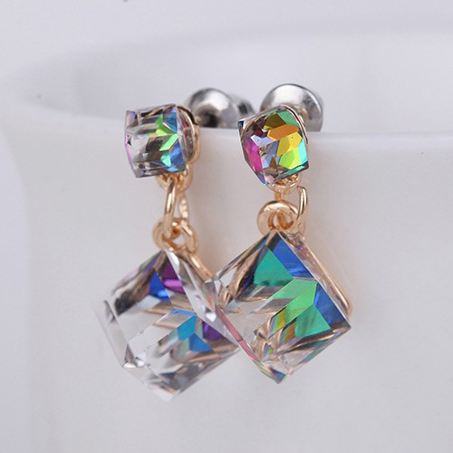 LRC Anting Tusuk Elegant Multi-color Square Shape Diamonds Decorated C69154