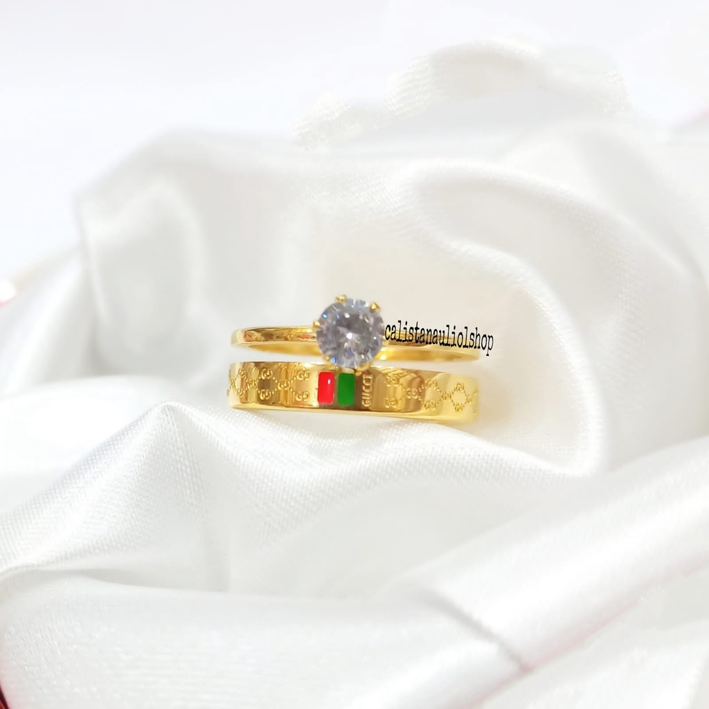 Cincin TITANIUM Permata Satu Diamond Lapis Emas Korea Anti Karat &amp; Tidak Luntur