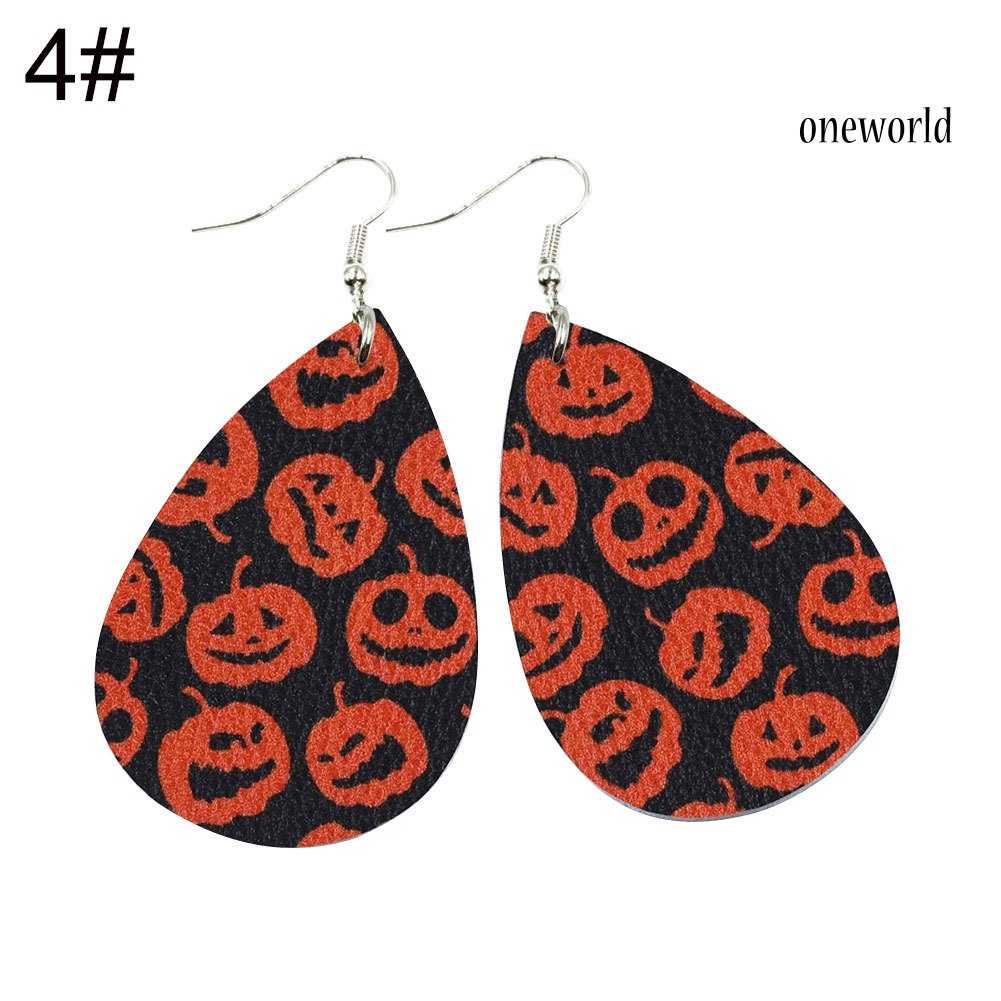 OW@ Halloween Skull Pumpkin Teardrop Faux Leather Drop Dangle Women Hook Earrings