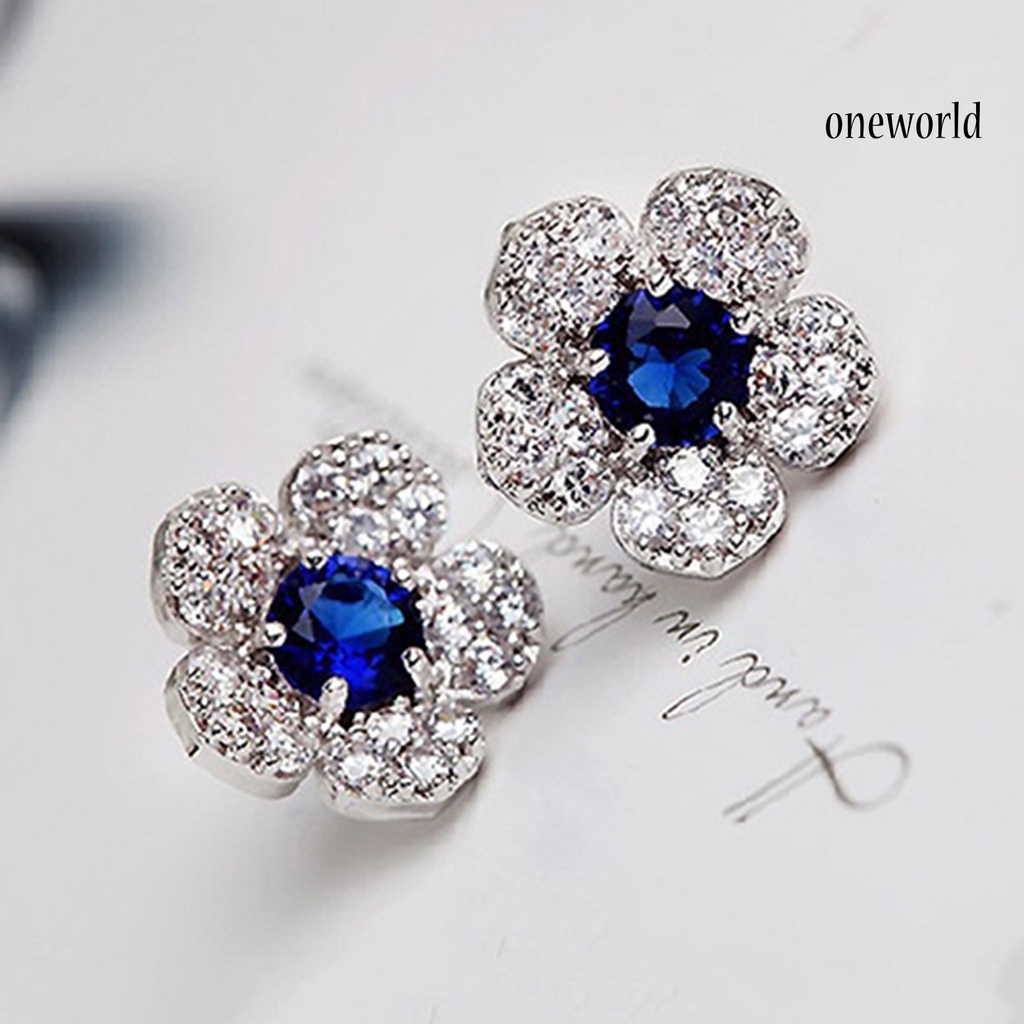 OW@ Earrings Flower Shape Design Charming Alloy Rhinestones Inlaid Ear Studs for Women